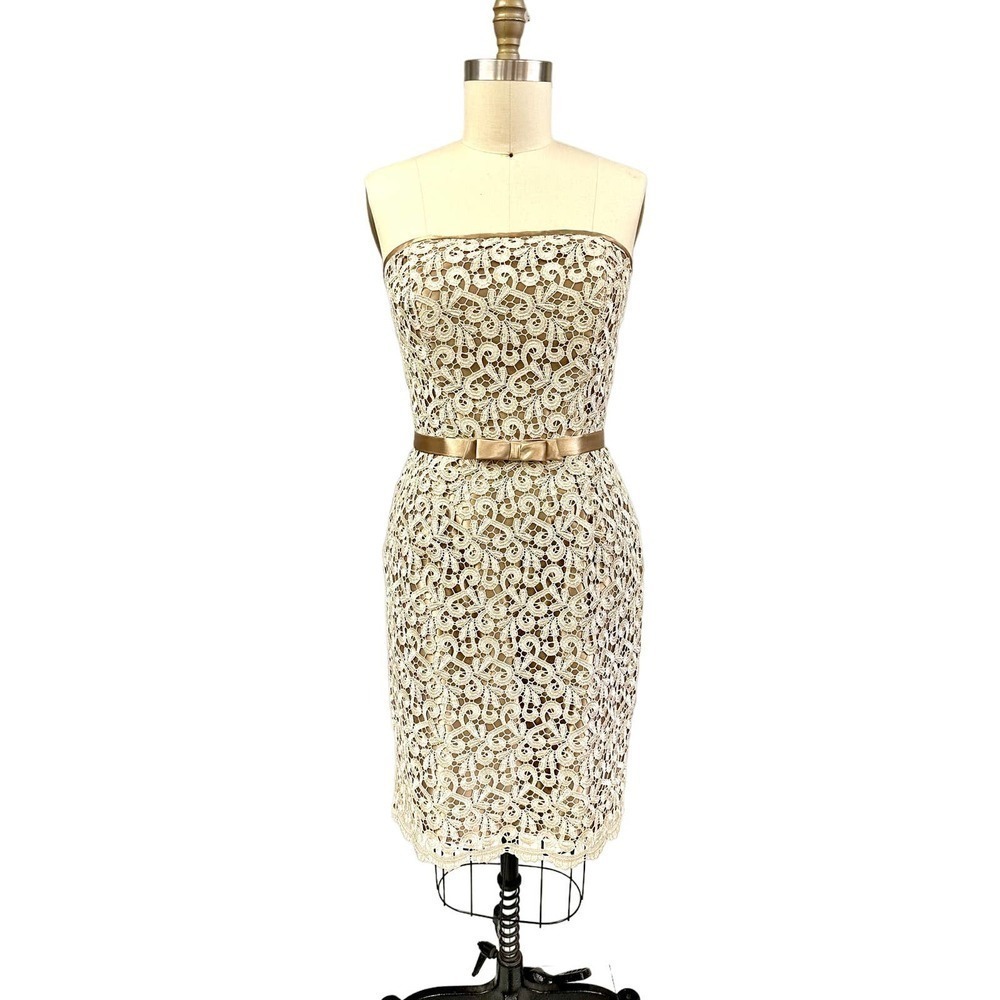 80s VTG Jessica McClintock Gold Satin/Lace Overlay Strapless Party Dress Sz M